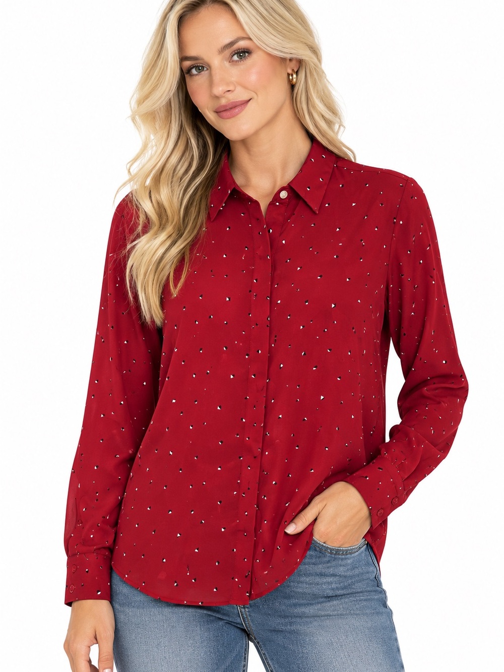 le chateau Red Patterned Button-Down Shirt Blouse Size Medium